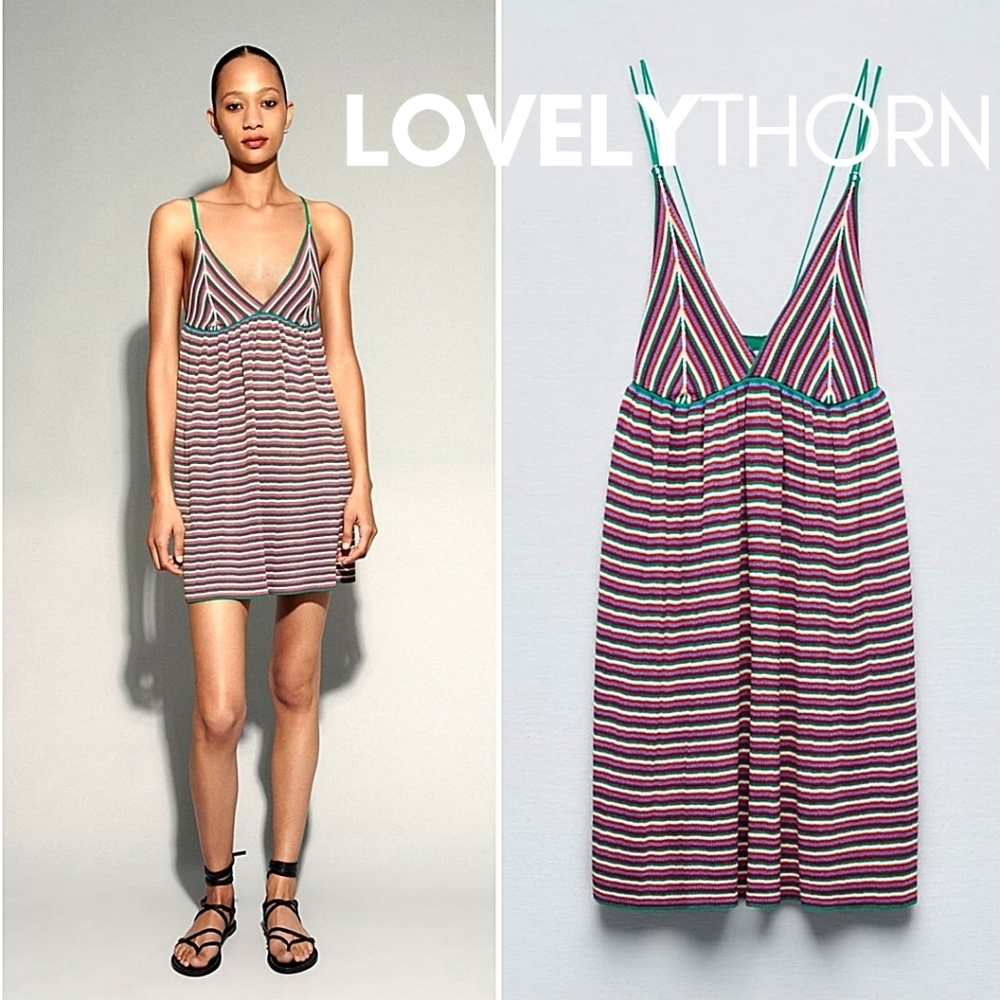 ZARA rainbow striped strappy plunge knit mini dress NWT